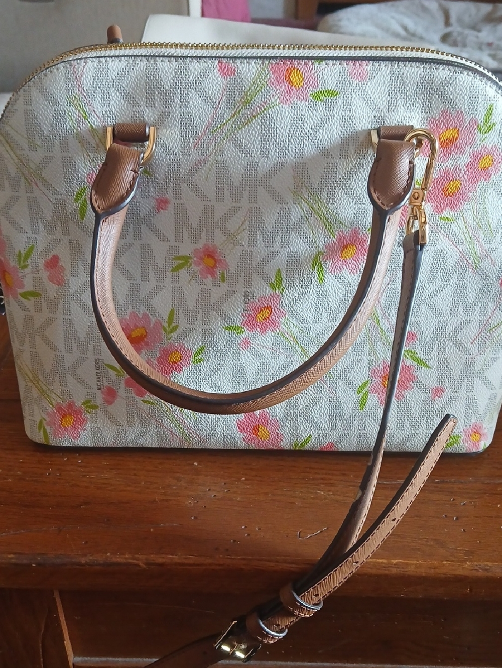 Michael Kors Pink Floral Monogram Satchel with Tan Trim Crossbody